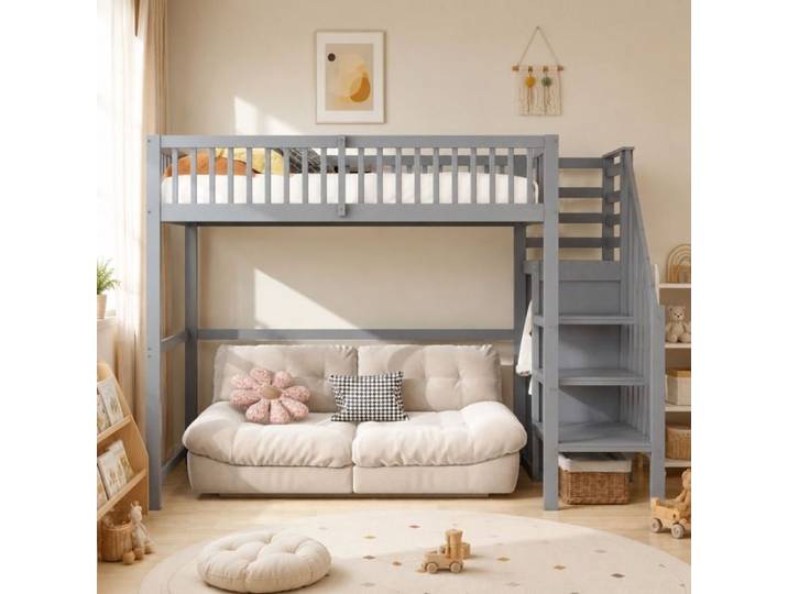 Lit Mezzanine 90x200 cm avec Escalier et Rangement Gris - Hochbett Enfant Bois