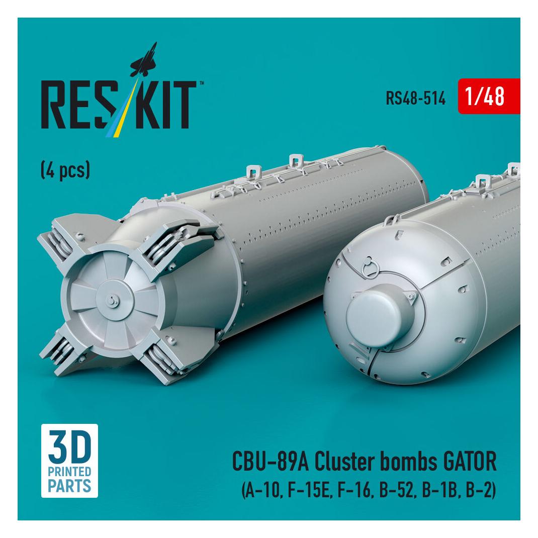 ResKit CBU-89A cluster bombs GATOR (4 pcs) (A-10, F-15E, F-16, B-52, B-1B, B-2) (3D Printed) (RS48-0514)