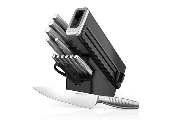 Ninja StaySharp 14-teiliges Edelstahl-Messerset mit Holzblock und integriertem Schärfer, Schwarz K62014EUUK, Holzkohle