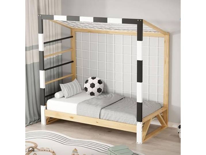 ML-Design Kinderbett Fußballtor 70x140 cm, Holzbett mit Lattenrost und Tornetz, Jugendbett aus massivem Kiefernholz, Einzelbett für Kinder, Bettgestell Holzrahmen, Bett, Handballtor, Fußballbett-Tor