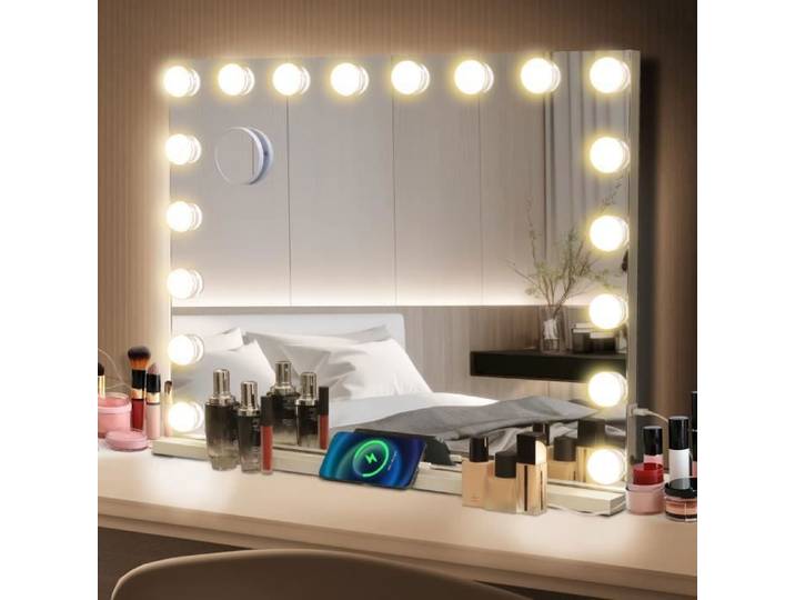 80x62cm Miroir de Maquillage Hollywood avec 18 LED Lumière 3 Modes Réglable + USB Charge + Ecran Tactile + Loupe 10x Blanc