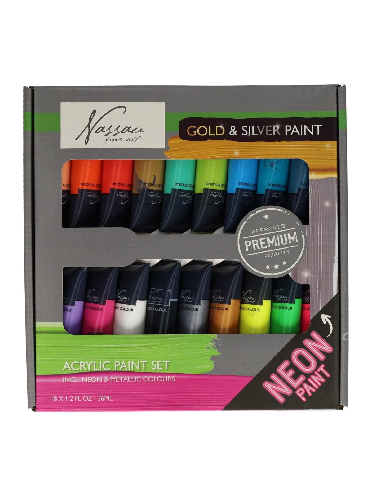 Nassau Acrylic Paint Fluorescent and Metallic Colors 18x36 ml