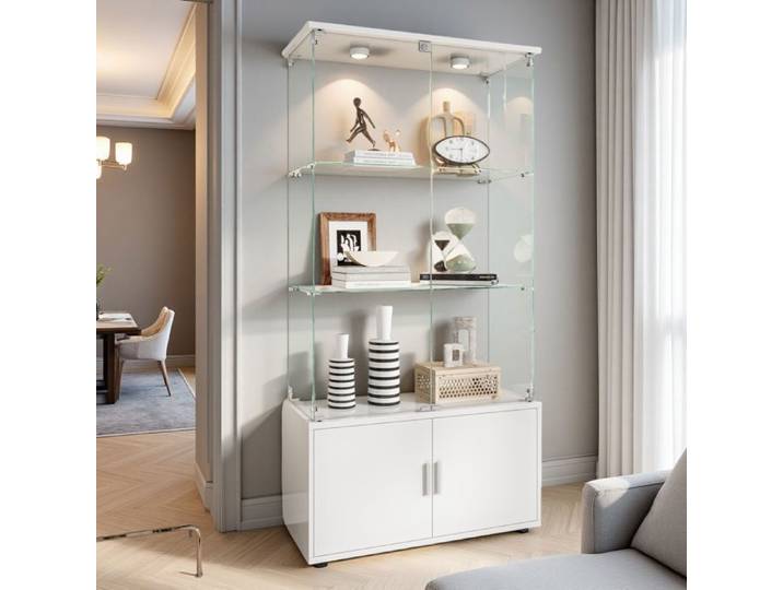 Vitrine en Verre - 164x78.5cm - 3 Etagères - Eclairage LED - Verre Trempé Sécurité