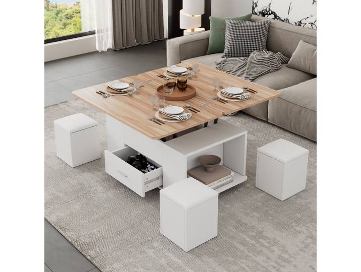 Table basse réglable en hauteur, mobile, 4 en 1, multifonctionnelle, convertible en table à manger, avec 4 tabourets