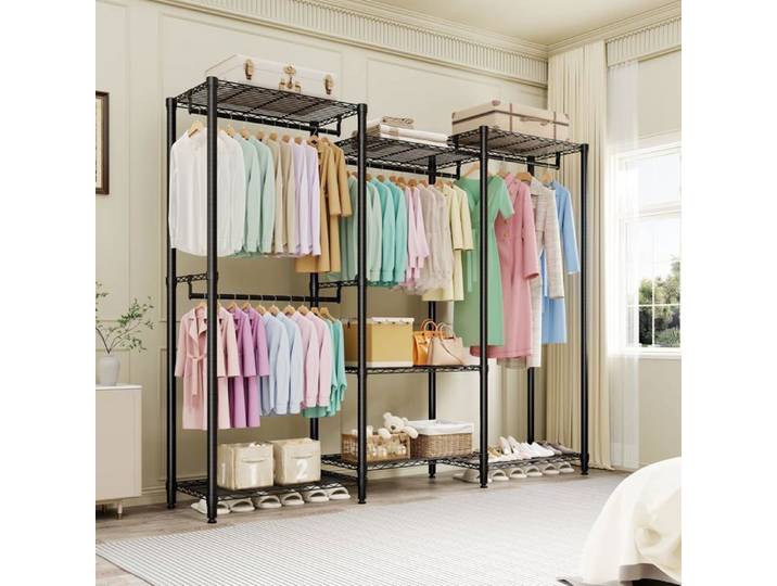 Dressing Modulable Noir 740 kg Portant Vêtements Robuste 3 Combinaisons avec 4 Tringles & 7 Étagères pour Chambre