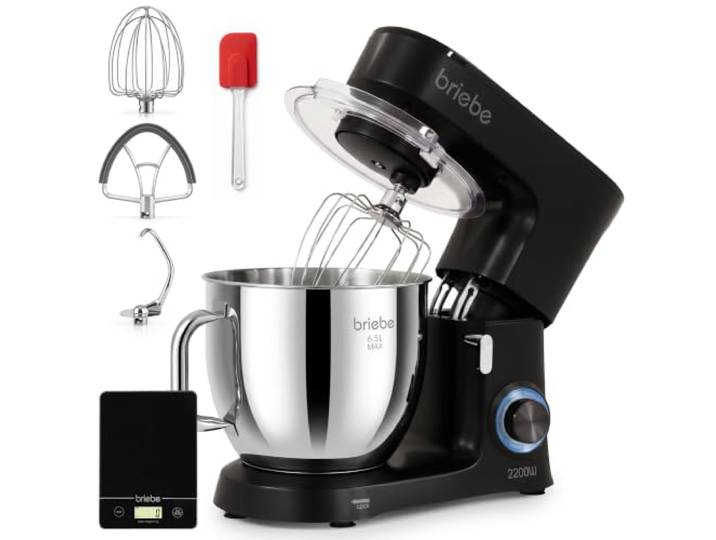 briebe Küchenmaschine Knetmaschine Profi, Teigknetmaschine 2200W Max. 6,5L + Küchenwaage, für Brot, Pizza, Edelstahlschüssel, Planetenrührwerk, 6 Stufen + Puls, 3 Zubehörteile, Spritzschutz