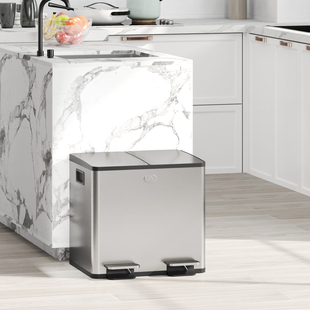 HOMCOM 2 x 15L Dual Kitchen Bin Pedal Bin for Recycling and Waste, Gold Tone Silver Tone 30 L