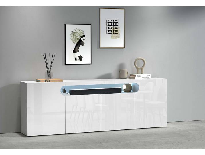 Sideboard GOODPRODUCT Sideboard REAL, Kommode, Schrank, Kredenz , weiss (weiß hochglanz), B:200cm H:80cm T:40cm, Sideboards, Sideboard, Mit 4 Türen, davon 2 abgerundet, die ein ovales offenes Fach bilden