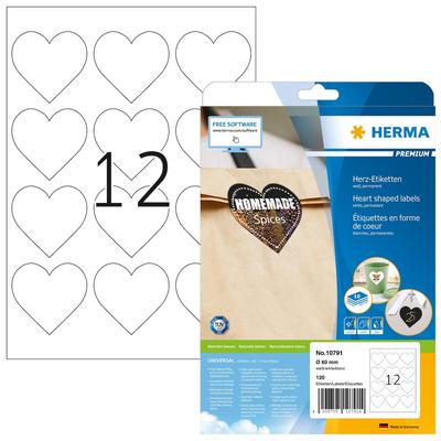 PREMIUM Herz-Etiketten A4, Ø 60 mm, weiß, permanent haftend