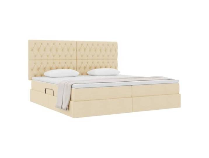 KTHLBRH Boxspringbett 200 x 200 cm Creme mit Matratzen Hydraulischer Aufzug, Metallgestell, Kunstleder, 2 mittelgroße Matratzen, Kopfteil inklusive