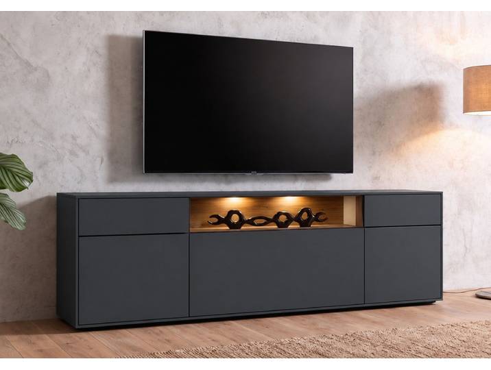 TV Board 180x55cm 'Locarno' Wildeiche massiv & MDF anthrazit inkl.Beleuchtung