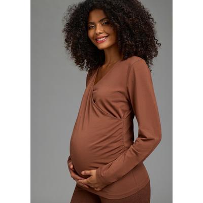 Umstandsshirt NEUN MONATE "Stillshirt mit praktischem Ausschnitt", Damen, Gr. 36/38, braun, Jersey, Obermaterial: 95% Baumwolle, 5% Elasthan, unifarben, Basic, Basic hüftlang, V-Ausschnitt, Shirts Umstandsshirt, Umstands-Shirt für Schwangerschaft...