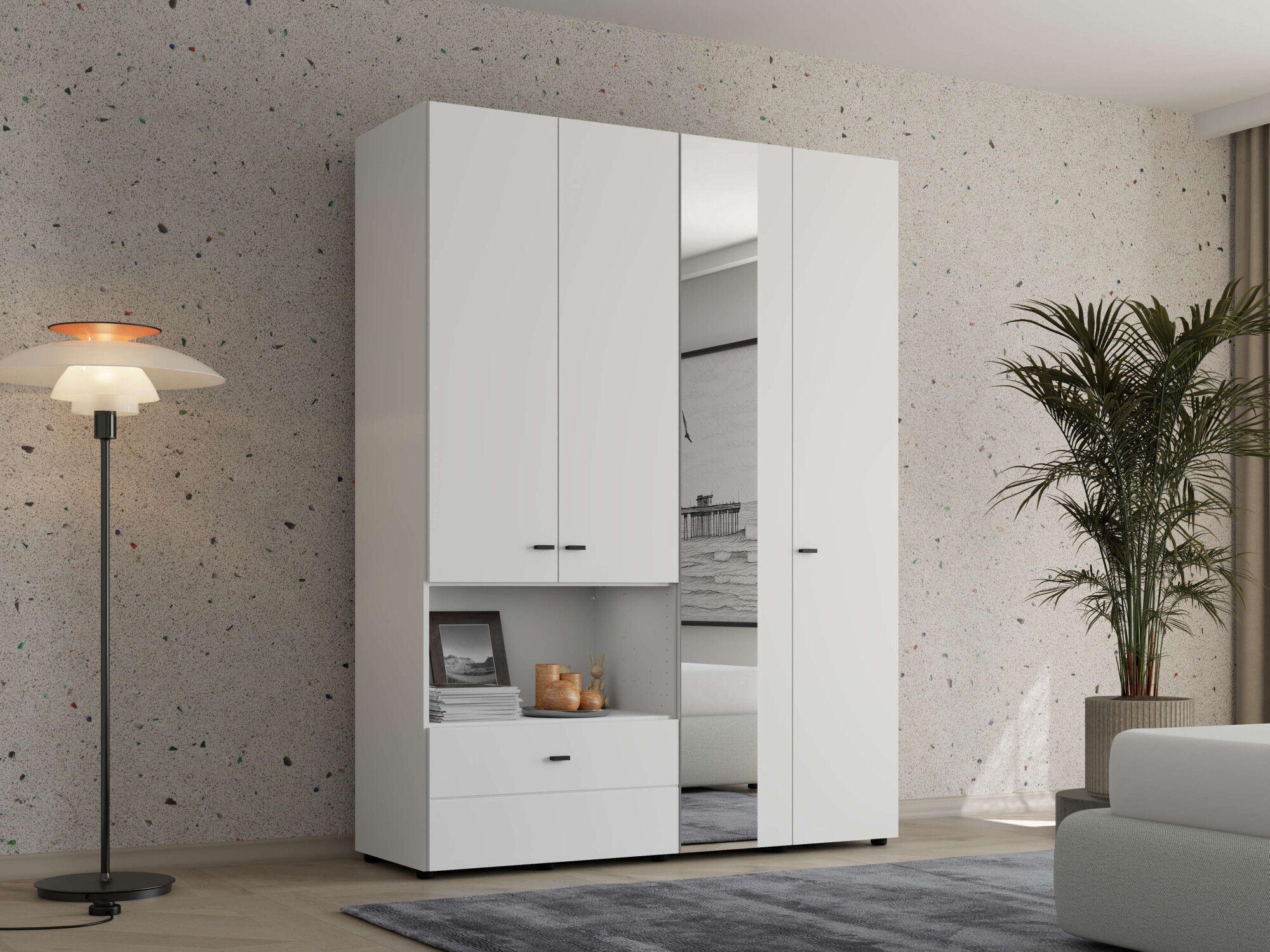 Kleiderschrank HOME AFFAIRE "Campsie Schlafzimmerschrank, Drehtürenschrank, Wäscheschrank", weiß (opaque weiß), B:155cm H:207,5cm T:52cm, FSC-zertifizierter Holzwerkstoff, Schränke, Kleiderschrank, 2 Breiten, inkl. Spiegel, Schublade, Kleiderstange & Stau