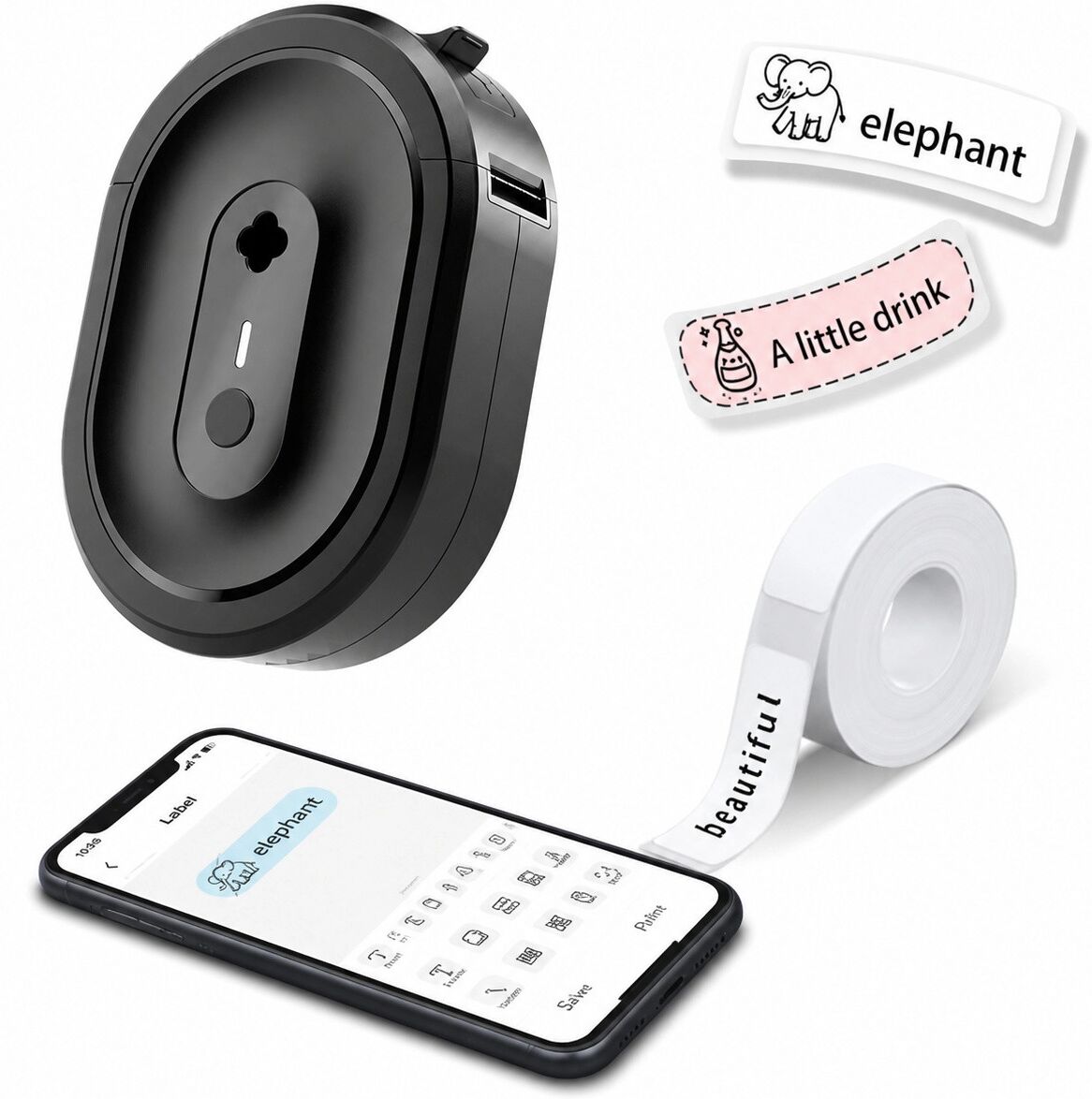 INF N12 mobiler Bluetooth-Thermoetikettendrucker, kompakter ABS-Etikettierer ohne Tinte mit 1200-mAh-Akku Schwarz