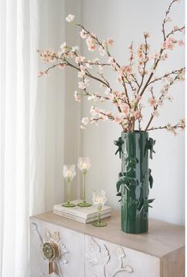 Kodotan sofa "D7.9x18.9"" Tall Green Ceramic Vase with Sculpted Birds and Vines Design"