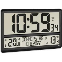 TFA Digitale Funk-Wanduhr mit Aussentemperatur, Wetterstation, Schwarz