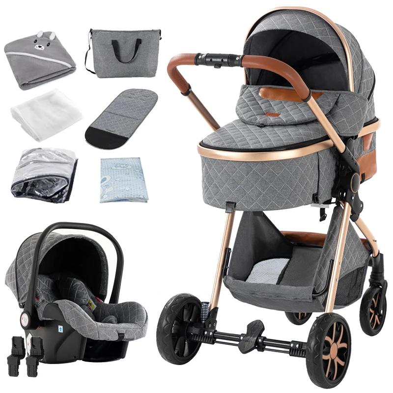 Kombikinderwagen 3-in-1 - Reisesystem mit Babyschale - Hohe Position - Leichter Aluminiumrahmen - Einhandfaltung - Wendeaufsatz - Grau