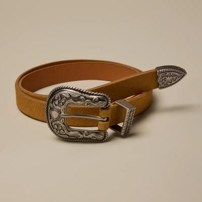 Lucky Brand Rope Engraved Western Buckle Leather Belt - Women's Accessories Belts in Mustard Yellow Suede, Size L