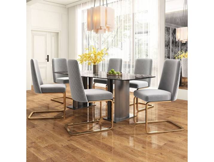 Ensemble de 4 chaises luxueuses en velours gris pour salle à manger et chambre avec pieds dorés
