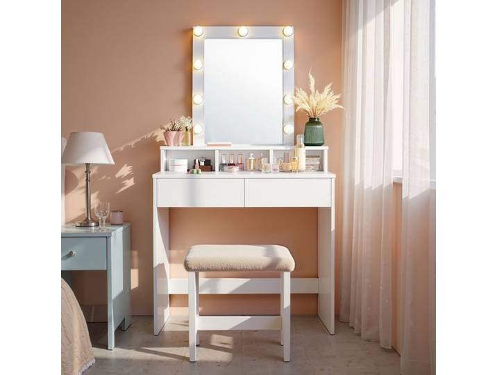 Coiffeuse avec Grand Miroir LED 2 Tiroirs et 3 Compartiments Coin Beauté Style Moderne Blanc