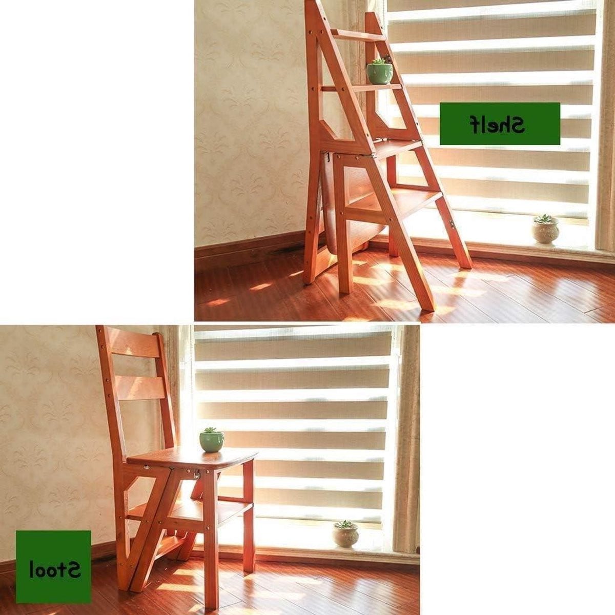 Opvouwbare houten opstapkruk met rugleuning in houtkleur