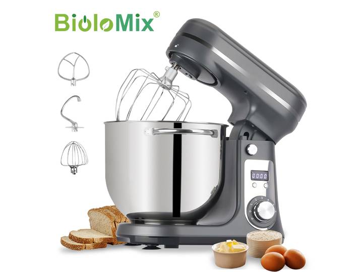 BioloMix mélangeur sur socle alimentaire de cuisine à 6 vitesses 1200W DC moteur silencieux bol en acier inoxydable 6L avec fouet à oeufs à crème fouet pétrin de pâte