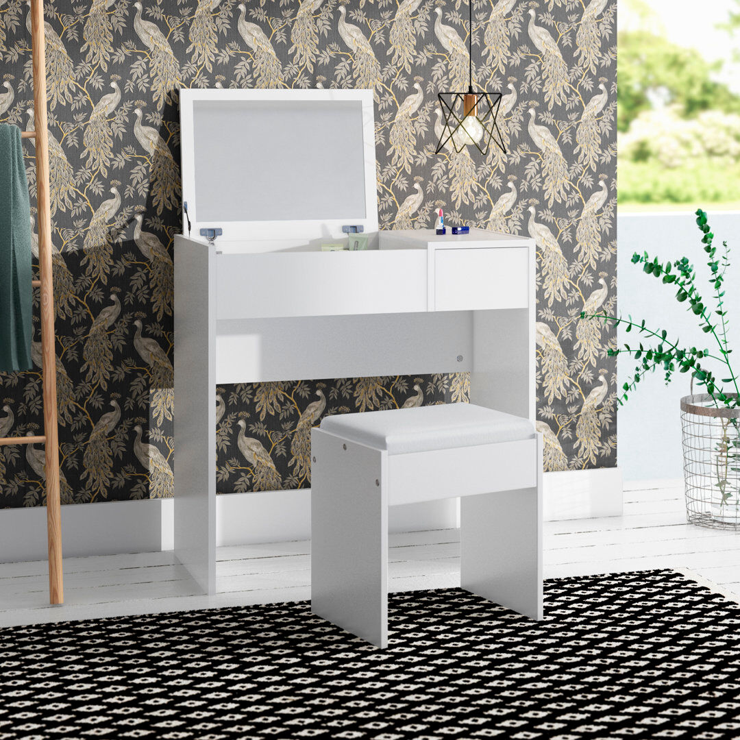 Hashtag Home Copeland Dressing Table Set Stool Flip-up Mirror Drawer White 79cm H X 80cm W X 40cm D