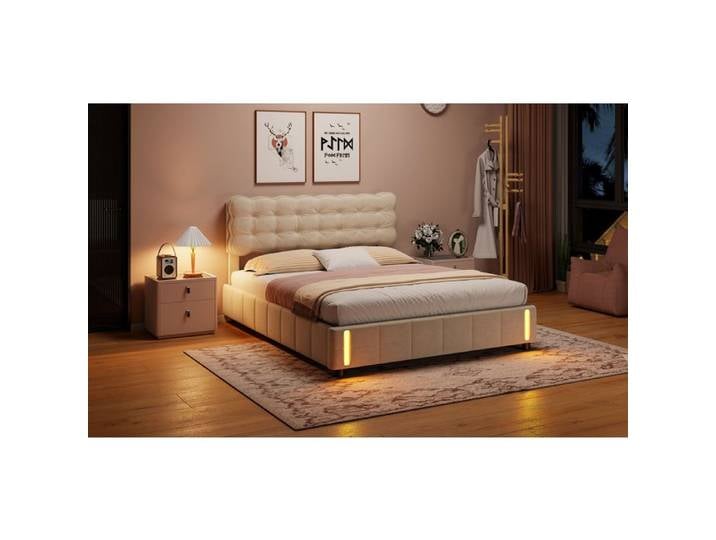 Lit 140 x 190 avec sommier Lit 140 x 190 Lit de stockage de tiges hydrauliques LED réglable Velours Beige