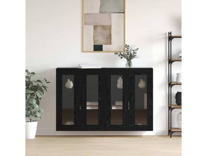 Jkghdrt Wandmontierter Schrank 2 STK. Schwarz Eichen-Optik Holzwerkstoff Glastüren, Regalböden, pflegeleichte Oberfläche, Wohnzimmer, moderne Optik