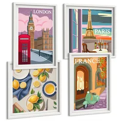 BILDER SET 4er Set - 50x50 cm & 40x60 cm Weißer Rahmen - Stadtansichten Paris London Frankreich