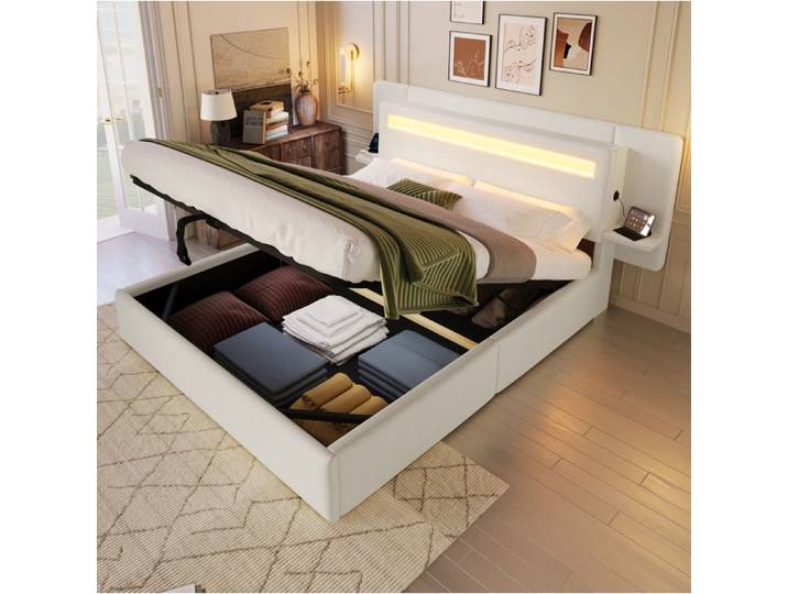 ULEVR Lit coffre 140 x 200 cm beige en lin LED multicolore table de chevet intégrée et port USB