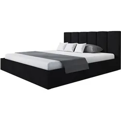 BETT 90x200 - Polsterbett mit Bettkasten und Holzrahmen - Modern Betten - Weicher Jasminstoff - Kollektion Tokio, Schwarz