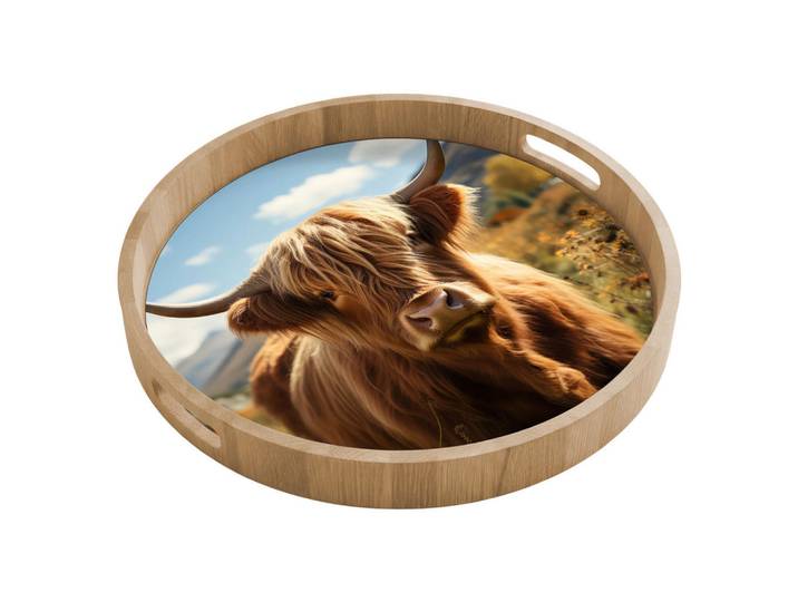 OnlyWow Tablett Schottische Highlander - Blumen - Hörner - Wolken 50x50 cm, Braun, Holz, Echtholz,Eiche, Rund, 50x5x5 cm, Geschirr, Tischkultur & Serviergeschirr, Tabletts