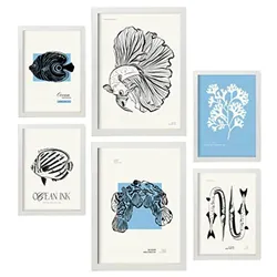 POSTER Set Mit 6 In Schwarzer Tinte Fische Kunstdrucke Von Meer Und Ozean Für Innenarchitektur A3 & A4 Weißer Rahmen