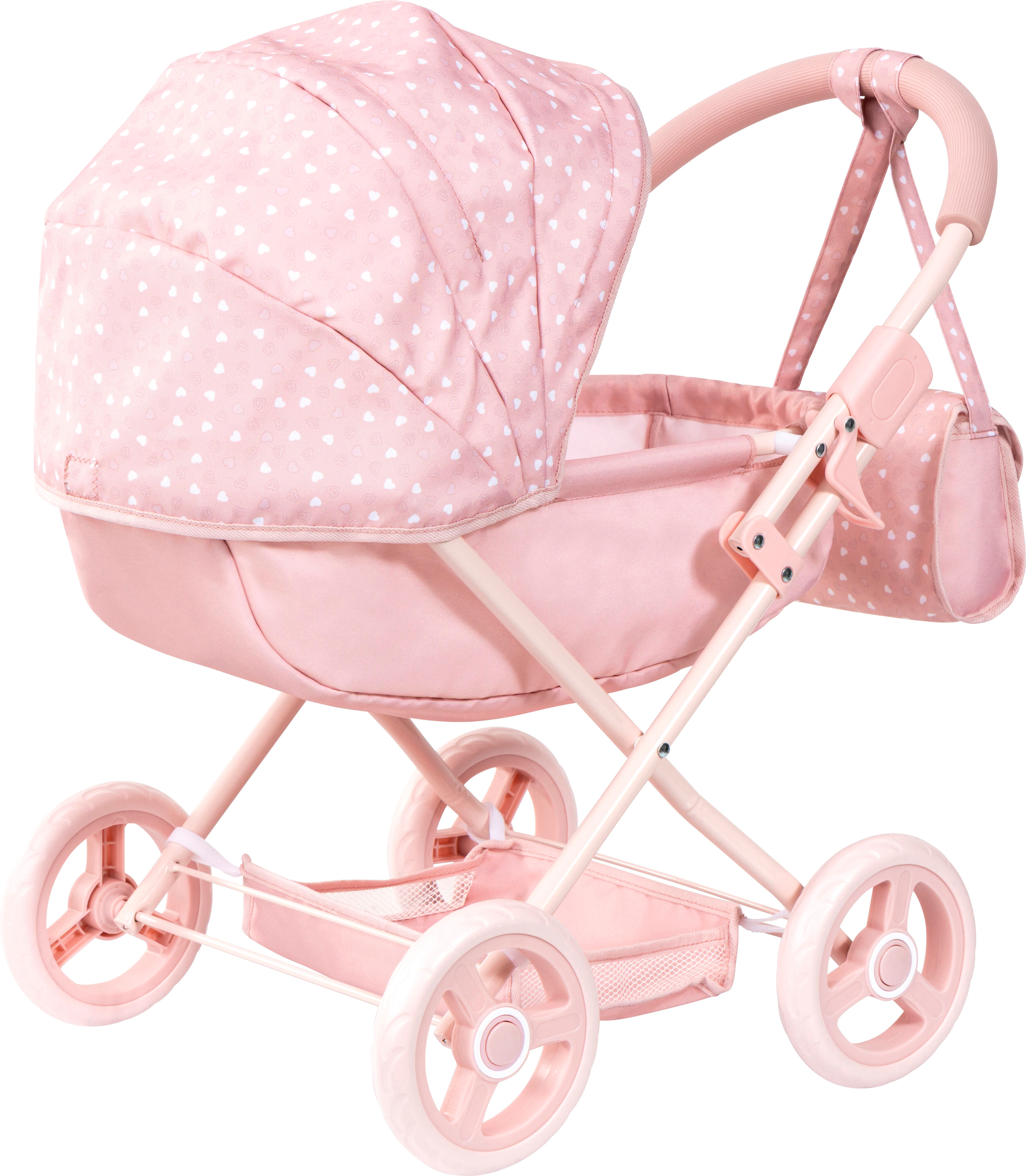 Puppenwagen BAYER "Cosy", rosa (rosa mit herzen), Puppenwagen, KinderB:34cm H:58cm T:63cm, Kunststoff, Metall, Stoff, Puppenwagen, mit Wickeltasche, B:34cm H:58cm T:63cm