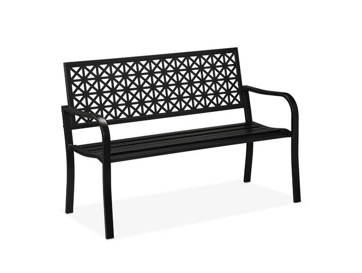 Relaxdays Gartenbank Schwarz Stahl 2-Sitzer geometrisches Muster 127 cm, Metall, 127x85x62 cm, Gartenmöbel, Gartenbank