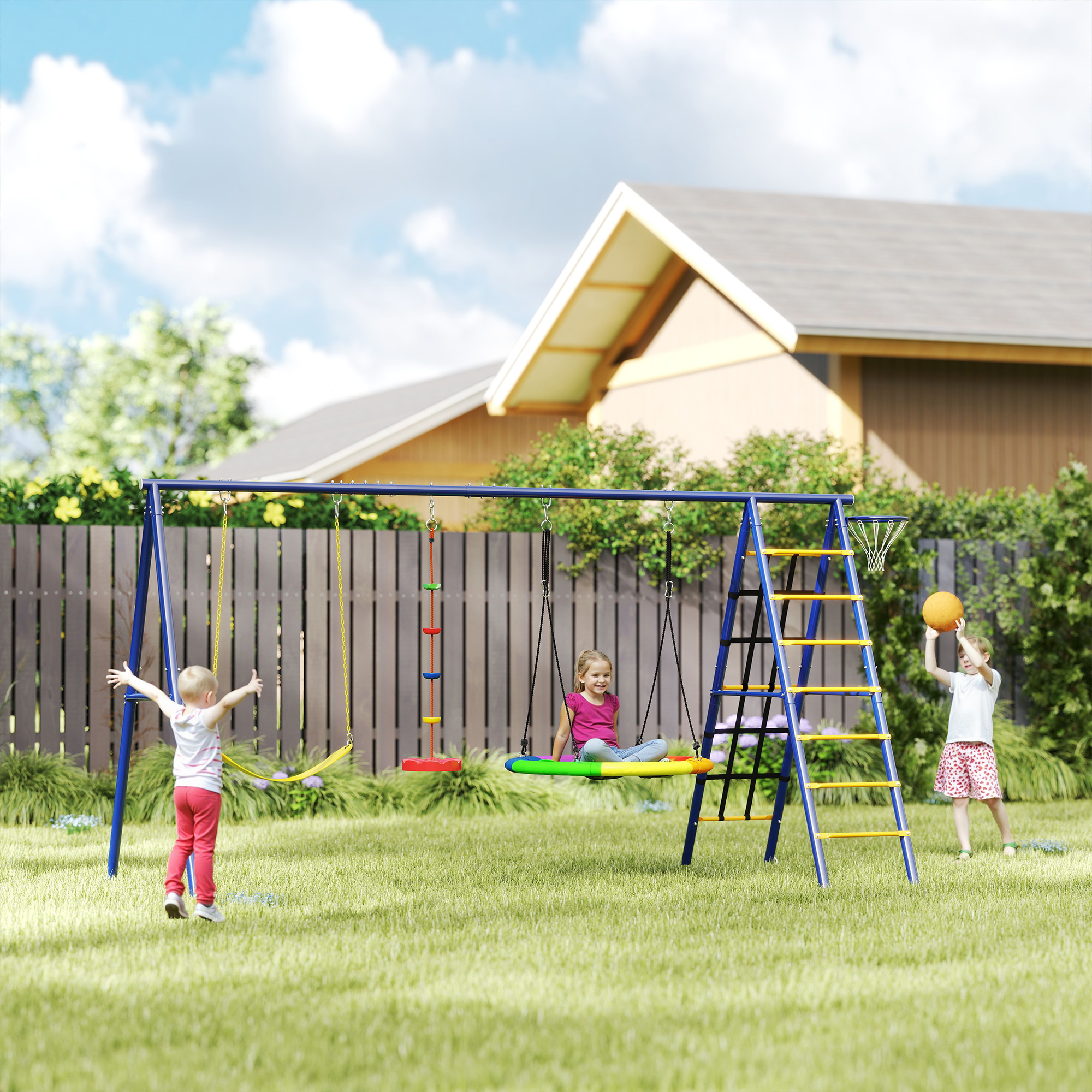 Aiyaplay Gioco per Bambini 3-8 Anni con 3 Altalene, Scala a Corda e Canestro Basket, in Acciaio, PE e PP, 3.5x1.8x2 m