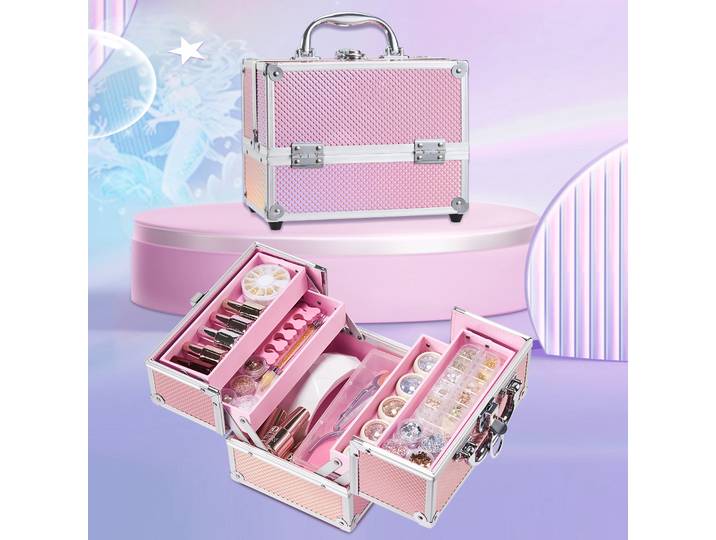 Boîte à cosmétiques à 4 niveaux, trousse de maquillage, organiseur de rangement pour bijoux et beauté avec doublure rose verrouillable, idéale pour les femmes et les filles