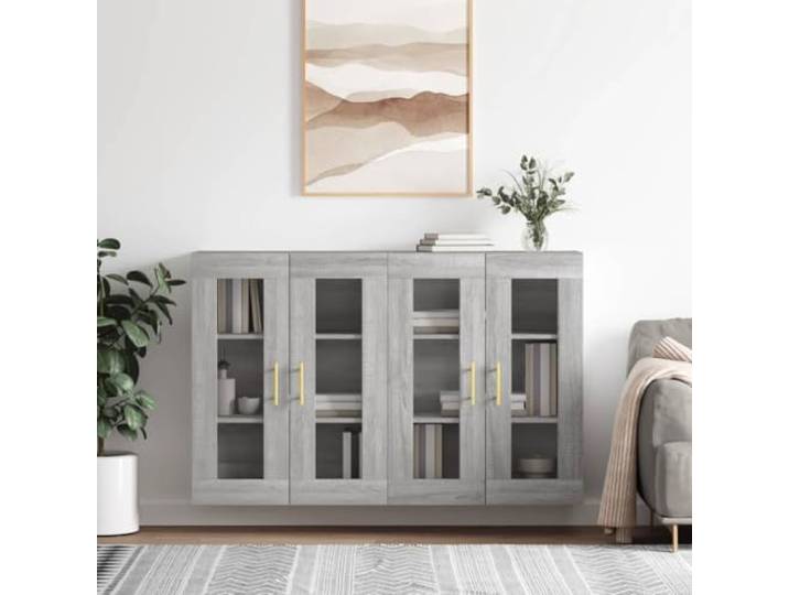 Jkghdrt 2er Set Wandschraenke Grau Sonoma Holzwerkstoff mit Glastueren Wandmontage, vielseitig als Sideboard-Aufsatz nutzbar, robustes Holzwerkstoffmaterial, elegante Sonoma-Optik