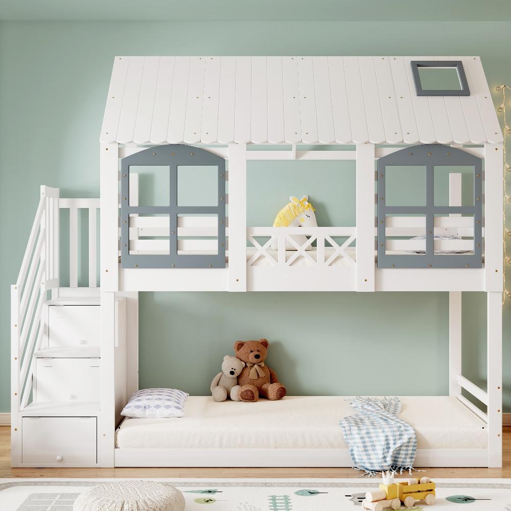 Etagenbett 90x200cm aus Kiefer und MDF mit Dach, Fenster, Fallschutzgitter und Stauraumtreppe, weiß grau für Kinderzimmer
