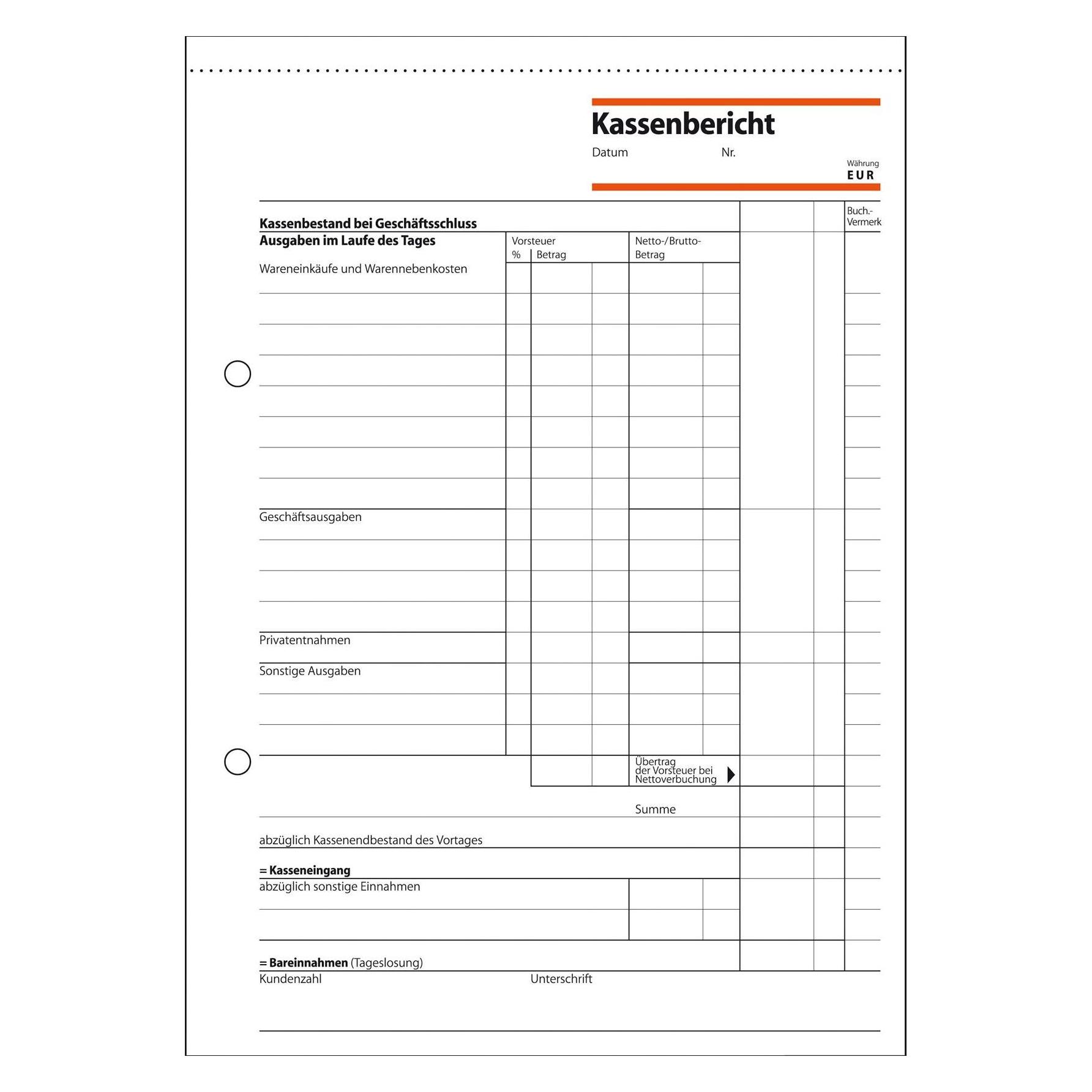 Sigel Kassenbericht Formular Papierformat: DIN A5 Anzahl der Durchschläge: 1 Durchschlag (KA515)