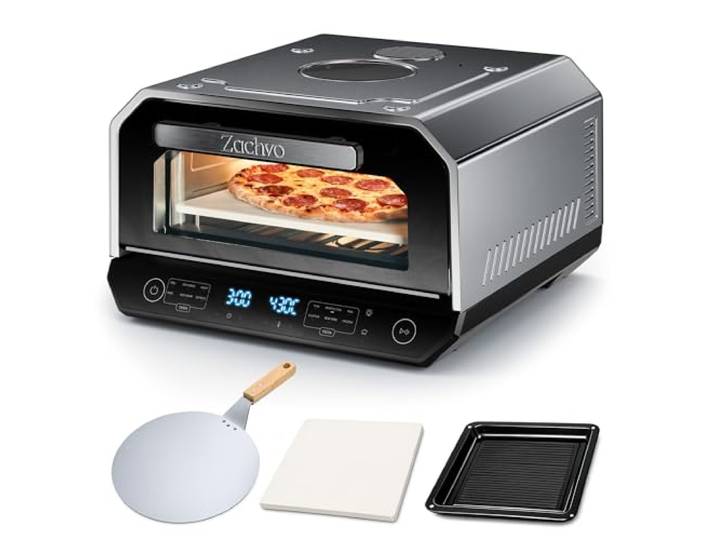 Pizzaofen Elektrisch 450°C – Neapolitanische Pizza in 2 Min, Sichtfenster & Innenbeleuchtung, 6 Programme & & 6 Kochmodi, Profi-Koch-Modus, Pizzaschaufel & Pizzastein & Backblech,Silber