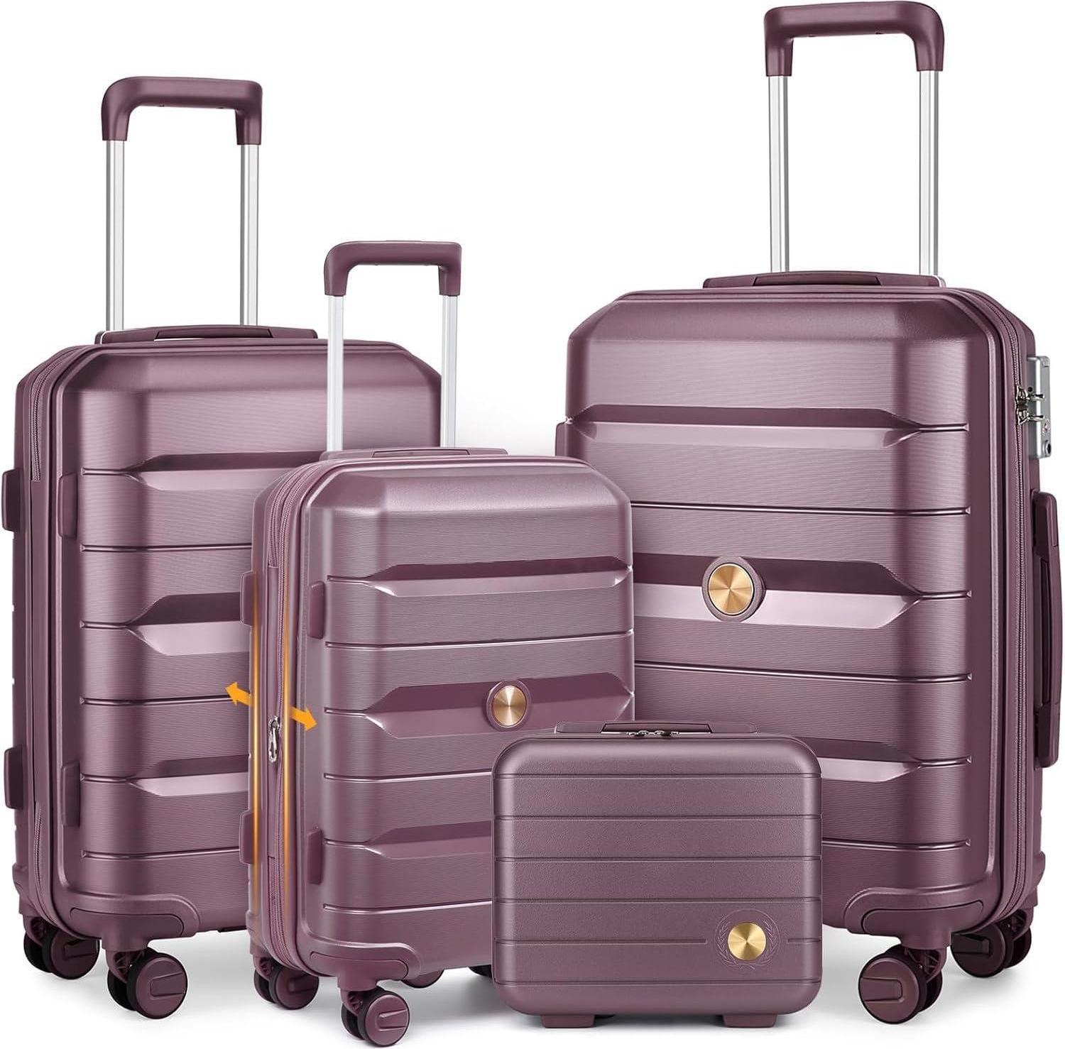 Hartschalenkoffer Set 4-teilig S/M/L/XL Rollkoffer Handgepäck 100% PP Lila mit TSA Schloss und 360° Doppelrollen