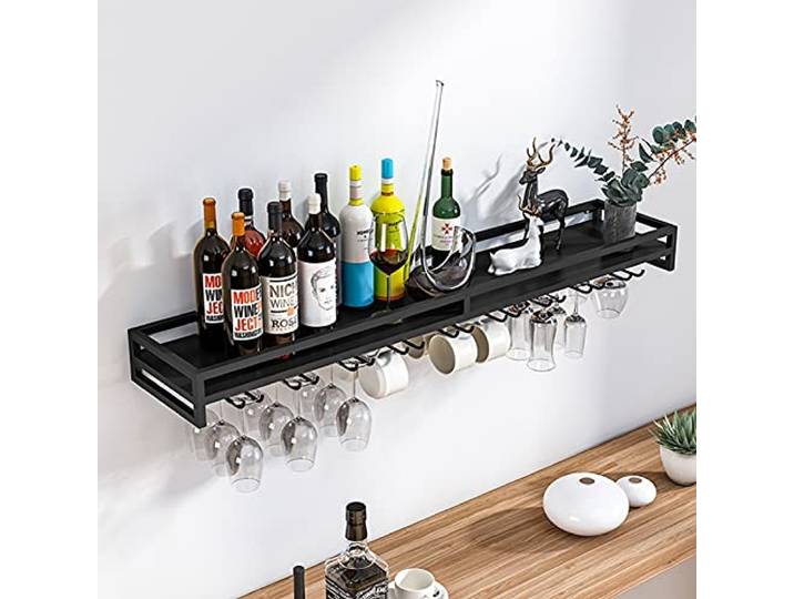 Wand Weinregal mit Glashalter Rustikaler Metall Weinhalter Wandmontage Wandflaschenhalter Wandregal Flaschenständer, Weinglas & Wein Flaschenregal für Home-Bar-Küche - 60/80 / 100 cm
