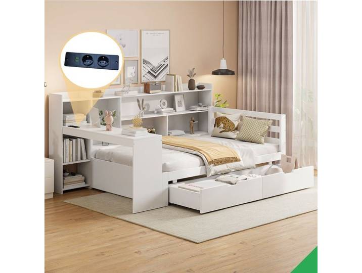 Lit coffre 90x200 avec rangements latéraux tiroirs et bureau pour chambre ou studio