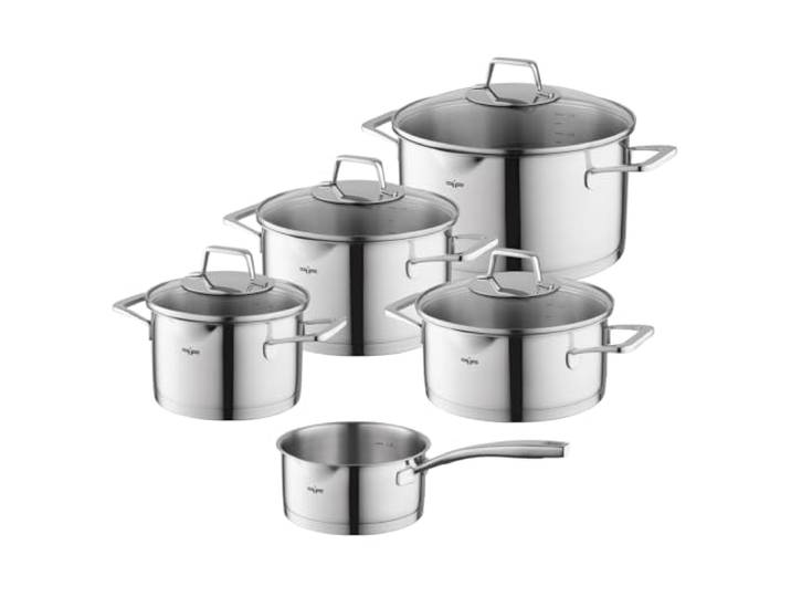 FLORINA Kochtopf Set 9-teiliges LUMIO I Kochtöpfe mit Deckel und Stieltopf I Messbecher, Ausgieß Edelstahl Spülmaschinengeeignet Ideal für Induktionsherd, Gasherd, Elektroherd
