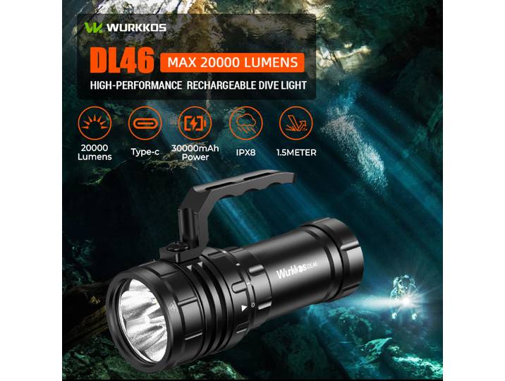 Wurkkos DL46 20000LM lampe de poche de plongée Super lumineuse portée 608M lanterne sous-marine Rechargeable 30000mAh 46950 batterie externe