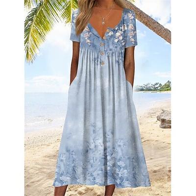 Damen Midikleid V-Ausschnitt Blumendruck Kurzarm A-Linie Komfort Blau Strand Party Frühling Sommer Mode Kleidung