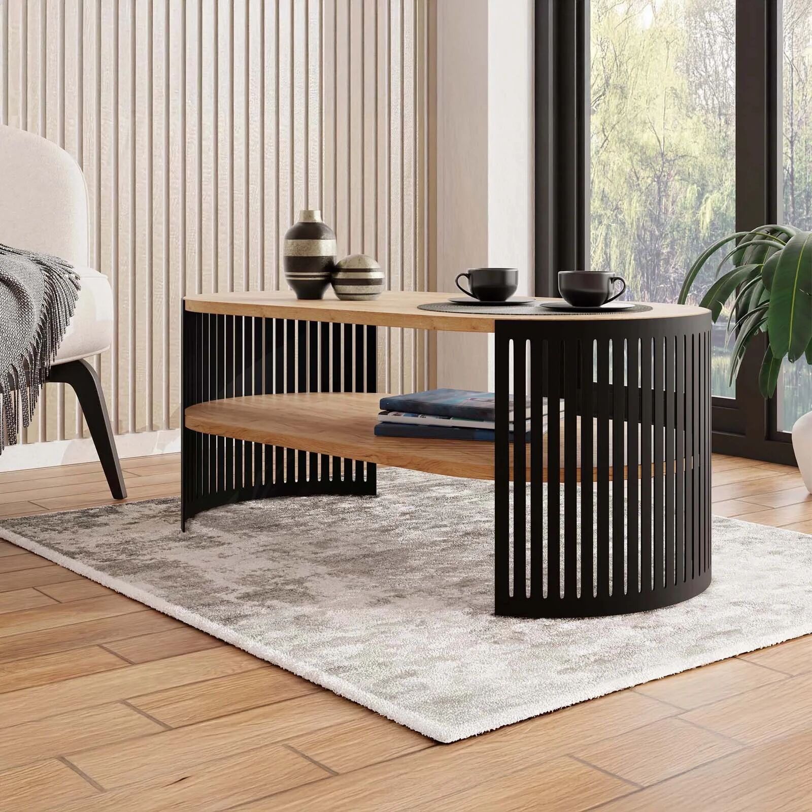 garneroarredamenti Tavolino da salotto 100x50cm ovale con ripiano rovere nero Elisera