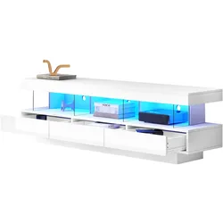 OKWISH Hochglanz-TV-Schrank 160x38x50 cm mit LED-Beleuchtung, Push-to-Open Glasfächer, Musikmodus, 3 offene Fächer, Kabelmanagement, Weiß